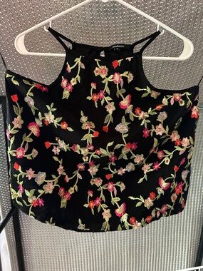 Ambiance Black Floral Embroidered Camisole with Pink & Green Accents